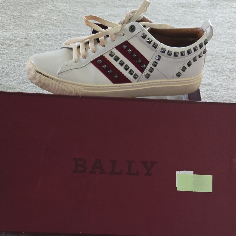 Bally Cream and Red Studded Sneakers
